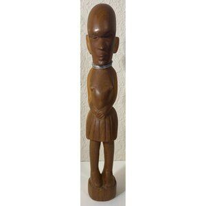 Vintage Handmade African Brown Wood Carved Woman Female Statue Metal Necklace